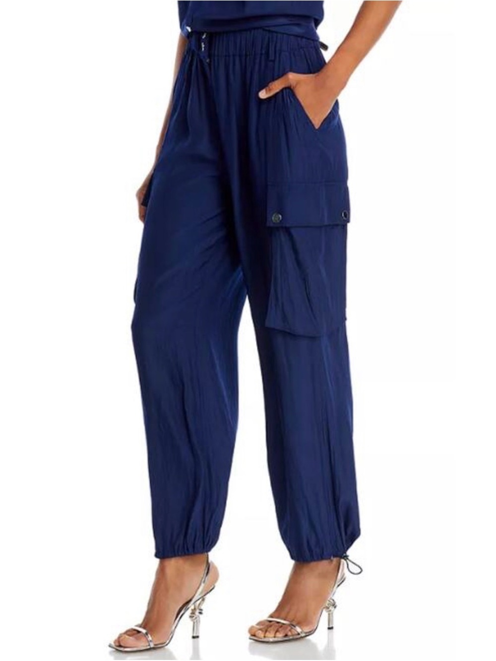 RAMY BROOK MAYME CARGO JOGGER PANT WOMEN’S XL NAVY BLUE LIGHTWEIGHT SATIN WIDE